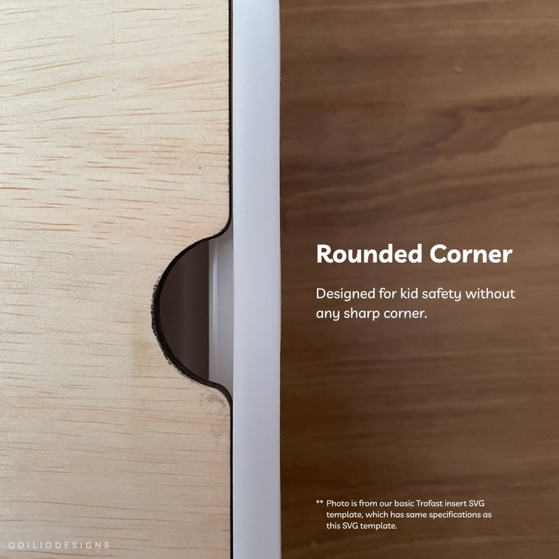 May include: Close-up of a rounded corner on a wooden surface. The corner is designed for child safety, with no sharp edges. "Photo is from our basic Trofast insert SVG template, which has same specifications as this SVG template."