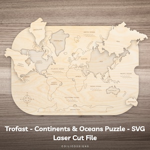 Flisat Weltkarte Trofast Bin Insert SVG Laser Cut Datei für Kinder Kontinente und Ozeane Puzzle passende Montessori Aktivität auf sensorischem Tisch