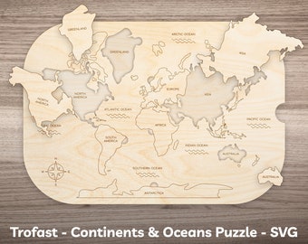 Flisat Carte du monde Trofast Bin Insert SVG Fichier découpé au laser pour enfants Continents et océans Puzzle correspondant à l'activité Montessori sur table sensorielle