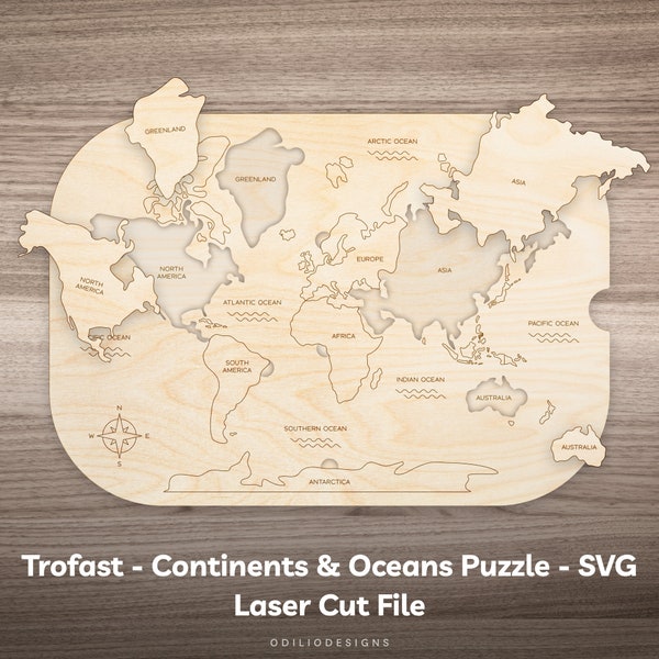 Flisat World Map Trofast Bin Insert SVG Laser Cut File for Kids Continents and Oceans Puzzle Matching Montessori Activity on Sensory Table
