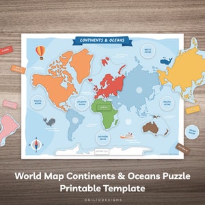 Weltkarte Kontinente & Meere Karte zum Ausdrucken für Kinder Vorschule Montessori Geographie Lernmaterial