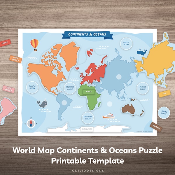 Continents & Oceans Puzzle for Kids World Map Printable Matching Game Preschool Montessori Activity Kindergarten Geography Learning Material