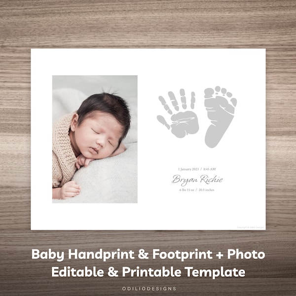 Kit de huella de la mano del bebé, recuerdo personalizado del niño recién nacido, anuncio de nacimiento imprimible, signo de la foto, nombre, estadísticas de nacimiento, tarjeta de hito