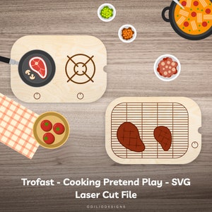 Puede incluir: Un juego de cocina de madera con una estufa, una parrilla y varios alimentos. La estufa tiene un quemador con un círculo rojo en el centro y una parrilla con un patrón de rejilla. Los alimentos incluyen un bistec rojo, tomates, guisantes y un tazón de pasta. El juego está diseñado para juegos de simulación y está hecho de madera.