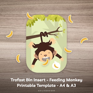 May include: Printable template for a Trofast bin insert featuring a cartoon monkey hanging from a tree branch and catching bananas. The template is designed for A4 and A3 sizes.
