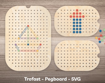 May include: Wooden pegboard set with a boat design, an arrow design, and a blank board. The boat is made with colorful pegs and string. The arrow is made with red and blue pegs. The text "Trofast - Pegboard - SVG Laser Cut File" is at the bottom.