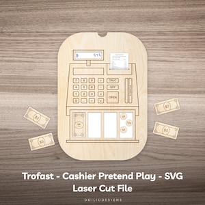 May include: A wooden toy cash register with a display showing £57.5, a calculator keypad, and a drawer with slots for play money. The cash register is surrounded by play money bills, including £2 and £5 bills.