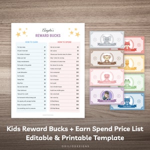 May include: Printable chart with a list of chores and rewards for children. The chart is divided into two columns, "How to Earn" and "How to Spend". The "How to Earn" column lists chores such as putting toys away, filling a pet's food dish, and making the bed. The "How to Spend" column lists rewards such as getting an ice cream, getting a pizza, and skipping a chore for one day. The chart also includes a set of fake money bills with animal illustrations.