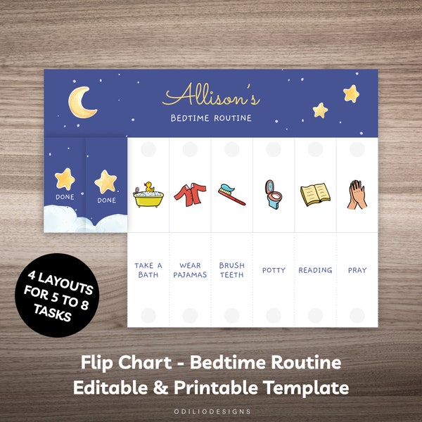 Editable Bedtime Routine Flip Chart for Toddler Bed Time Routine Chart for Kids Evening Visual Schedule Night Checklist with Pictures 0002