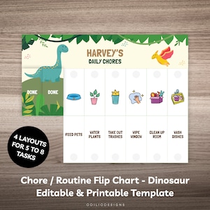 Dinosaur Chore Flip Chart Printable Daily Routine Checklist Editable Visual Schedule with Picture for Toddler Preschool Kid Dino Chart 0001