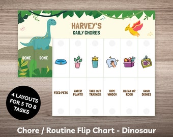 Dinosaur Chore Flip Chart Printable Daily Routine Checklist Editable Visual Schedule with Picture for Toddler Preschool Kid Dino Chart 0001