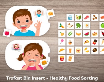 May include: Printable Trofast bin insert template for sorting healthy and unhealthy foods. The template features two illustrations of children, one happy and one sad, with thought bubbles showing healthy and unhealthy foods. The template includes a grid of 36 food images, including fruits, vegetables, dairy, grains, and processed foods.
