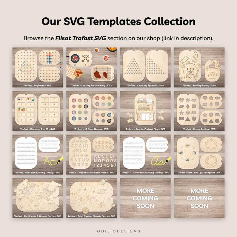 May include: A collection of 12 SVG templates for Trofast toy storage units. The templates include a pegboard, a counting pyramid, a shape sorting board, a life cycle diagram, a solar system, and more. The templates are designed to be printed and cut out, then used to create custom storage solutions for Trofast.