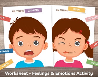 May include: A printable worksheet for kids to learn about feelings and emotions. The worksheet features two cartoon faces, one boy and one girl, with different expressions. The worksheet includes a variety of emotion words, such as happy, sad, sleepy, tired, worried, surprised, cheeky, nervous, scared, frustrated, curious, and excited.