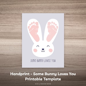 Créations artistiques empreinte de main de Pâques — Un lapin t'aime signe pour bébé, impression de pieds d'enfant en bas âge — Modèle de carte imprimable Joyeuses Pâques mignonnes