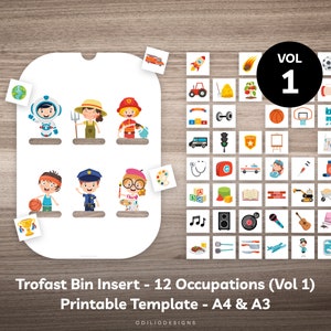 May include: A printable template for a Trofast bin insert with 12 different occupations. The template includes images of a firefighter, police officer, astronaut, farmer, artist, teacher, doctor, chef, musician, construction worker, athlete, and a basketball player. The template is designed for A4 and A3 paper sizes.  The text "VOL 1" is in the upper right corner of the image.
