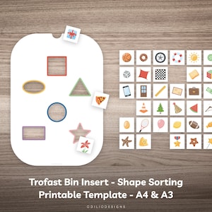Op de afbeelding: Een printbare sjabloon voor een Trofast-bakinzet, met een wit vormen sorteerbord met uitsparingen voor een vierkant, een cirkel, een ovaal, een driehoek en een ster. Het bord is omringd door kleurrijke afbeeldingen van verschillende vormen, waaronder een pizza, een cadeau, een basketbal, een donut, een wiel, een reddingsboei, een zon, een knoop, een dobbelsteen, een kussen, een schaakbord, een snee brood, een Rubik's Cube, een mobiele telefoon, een deur, een liniaal, een envelop, een koffer, een bankbiljet, een verkeerskegel, een kerstboom, een feestmuts, een watermeloen, een kleerhanger, een ei, een tennisracket, een ballon, een citroen, een voetbal, een zeester, een stuk kaas, een medaille en een ster.