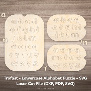 Flisat Insert Alphabet Puzzle SVG Laser Cut File for Kids Lowercase Alphabet Learning Sensory Table Activity for Small Large Trofast Bin Lid