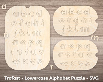 May include: Wooden lowercase alphabet puzzle set. The set includes three wooden boards with the letters a-z cut out, and several loose letters. The text "Trofast - Lowercase Alphabet Puzzle - SVG Laser Cut File (DXF, PDF, SVG)" is visible.
