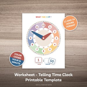 Puede incluir: Una hoja de trabajo imprimible para aprender a decir la hora. La hoja de trabajo presenta una esfera de reloj colorida con los números del 1 al 12 y del 13 al 24. La esfera del reloj está dividida en 12 secciones, cada una con un color diferente. Las manecillas del reloj son azules y rojas. La hoja de trabajo también incluye una sección para escribir la hora y el minuto. El texto "¿Qué hora es?" y "Formato de 12 y 24 horas" está incluido en la hoja de trabajo.