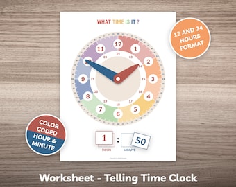 Telling Time Clock Printable Montessori Learning Tell Time for Preschool Homeschool Student Kindergarten Kids Clock Worksheet Template PDF