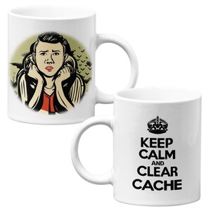 May include: White ceramic mug with a black and white illustration of a crown and the text "Keep Calm and Clear Cache".