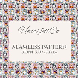 May include: A seamless pattern featuring repeating illustrations of ghosts and pumpkins in framed vignettes on a light grey background. The text HeartfeltCo SEAMLESS PATTERN 300DPI 3600 x 3600px is centred in a white rectangular overlay on the design.