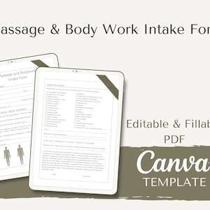 May include: Editable and fillable PDF template for a massage and body work intake form. The template is designed for use with Canva and includes sections for client information, health information, and a signature line.