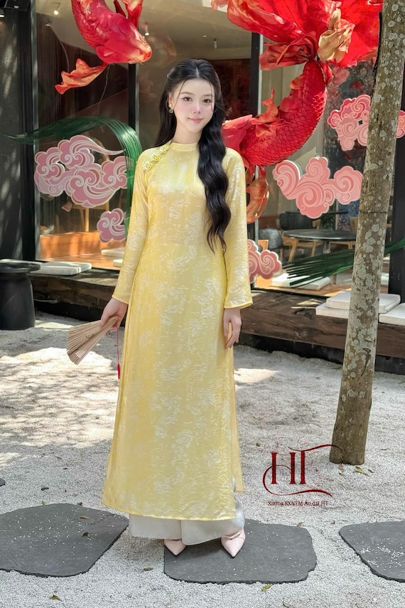 Designed yellow 3D Floral Vietnamese dress Ao Dai yellow -included pants