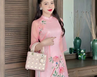 Pink Designed 3D Floral Vietnamese dress Ao Dai -included pants