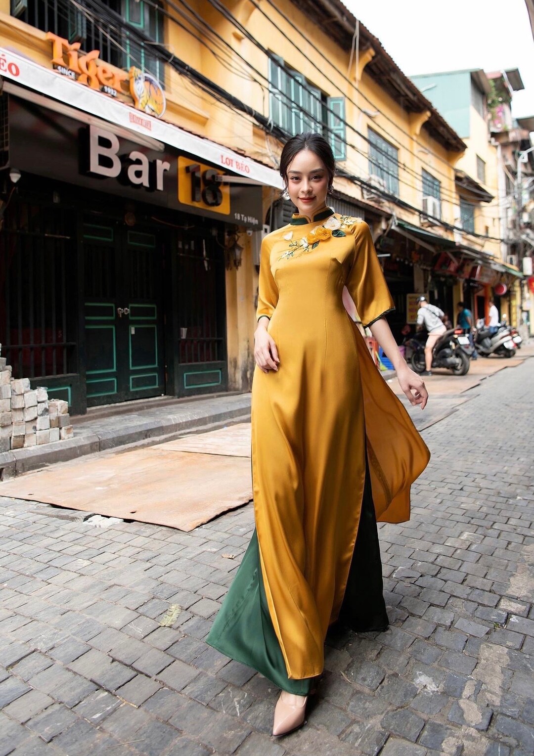 Yellow Mustard Designed 3D Floral Vietnamese Dress Ao Dai Etsy