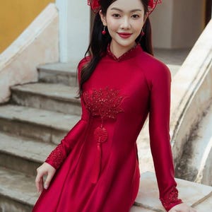 Designed 3D Floral traditionalVietnamese dress red Queen silk satin for wedding/bridal dresses Ao Dai-included pants