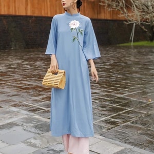 Blue Vietnamese traditional dresses Linen - included pants