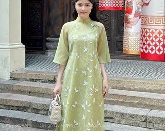 Pastel green Designed 3D Floral Vietnamese dress Ao Dai -included pants