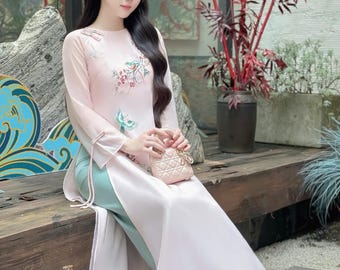 Designed 3D Floral Vietnamese dress Ao Dai light pink -included pants