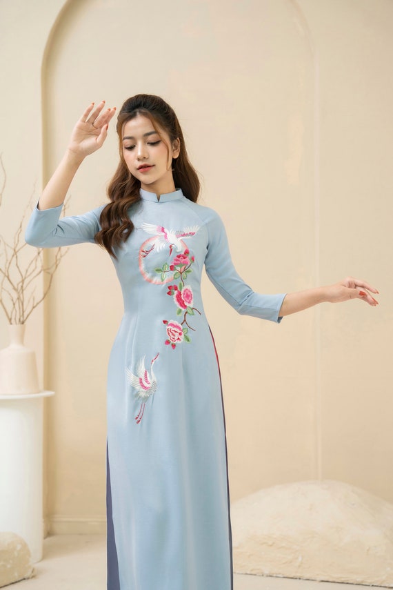 Blue Vietnamese traditional Ao Dai long dress with 3D flower , including  pants