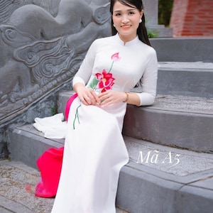 Vietnamese white traditional Ao Dai long dress with 3D lotus flower , including pants