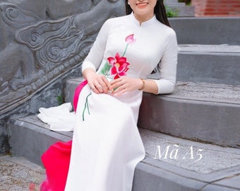 Vietnamese white traditional Ao Dai long dress with 3D lotus flower , including pants