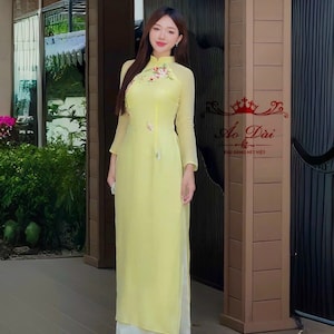 Yellow Designed 3D Floral Vietnamese dress Ao Dai -included pants