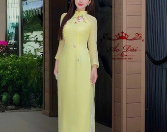 Truc Xuan Ao Dài Lụa Gấm| Yellow/light Peach Pre Made Ao Dai Truc Xuan Ao Dài Lụa Gấm| Yellow/light Peach Pre Made Ao Dai