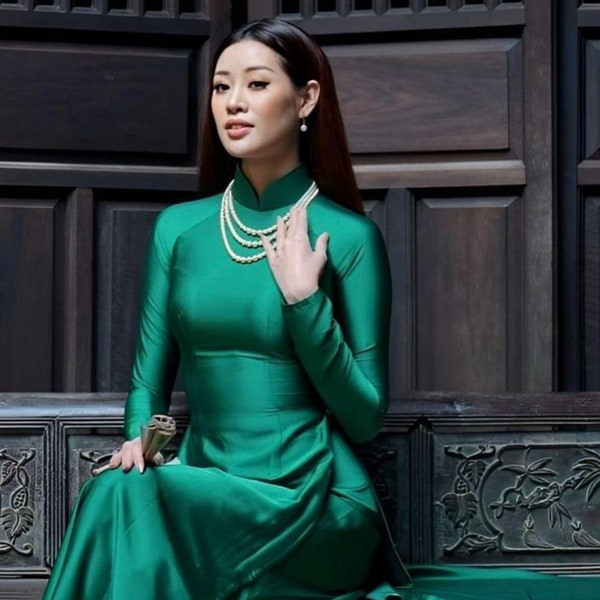 Green soft silk/lụa 2 da/ Vietnam traditional dress with double layers included pants