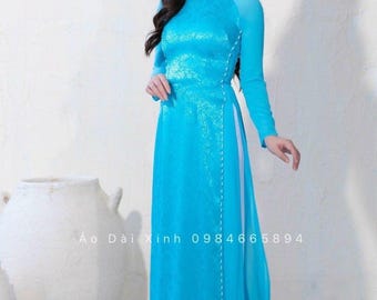 Blue Designed 3D Floral Vietnamese dress Ao Dai  -included pants