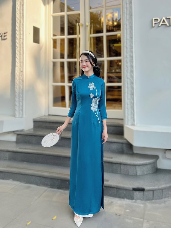 Blue Vietnamese traditional Ao Dai long dress with 3D flower lotus ,  including pants