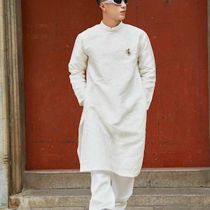 Creamy White Ao Dai Nam: 3D Design Vietnamese Dress for men