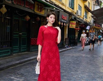 Red Designed 3D Floral Vietnamese dress Ao Dai -included pants