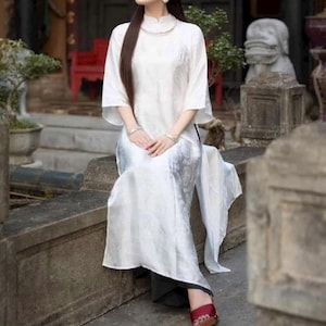 Brocade white Vietnamese dress Ao Dai -included pants