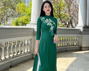 Green Vietnamese traditional Ao Dai long dress with 3D flower , including pants