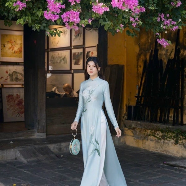 Blue Designed 3D Floral Vietnamese dress Ao Dai  -included pants