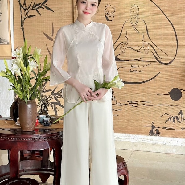 Do lam di chua, do bo phat tu/creamy white silk pajamas set Vietnamese included pant for temple