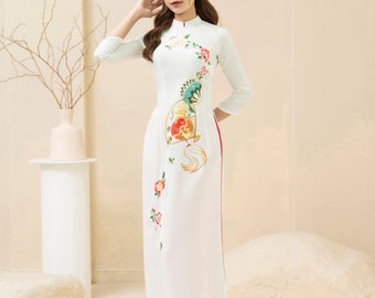 White Vietnamese traditional Ao Dai long dress with 3D flower , including pants